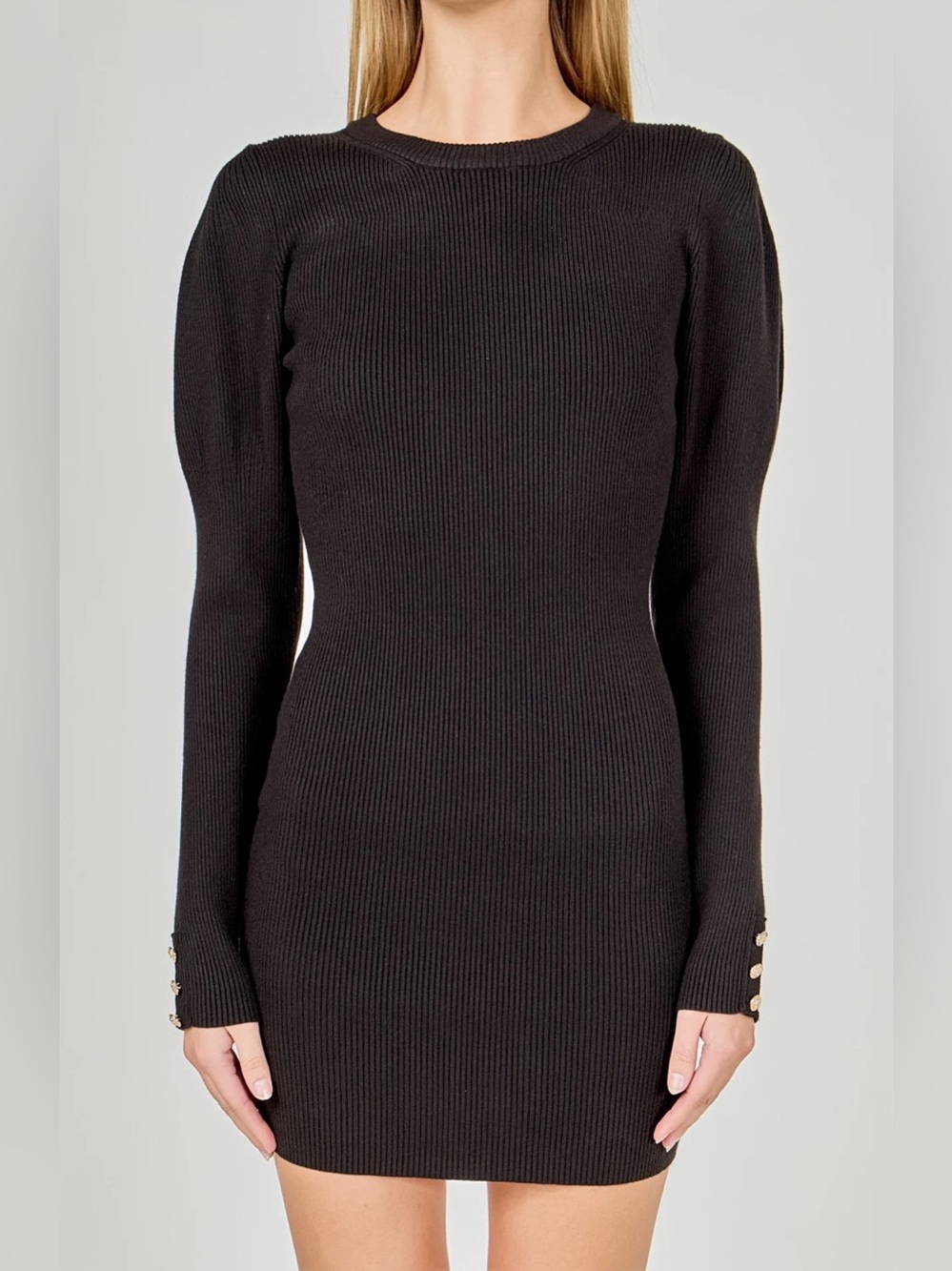 Endless Rose Puff Sleeve Black Long-Sleeve Knit Mini Dress - Picture 4 of 8